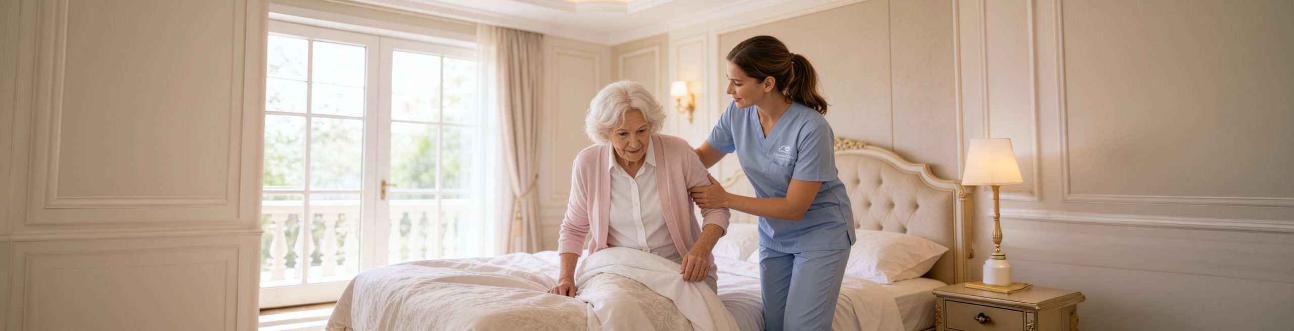A Clouds of Care caregiver in blue scrubs assists an elderly woman getting up from bed in a warm, elegant bedroom setting