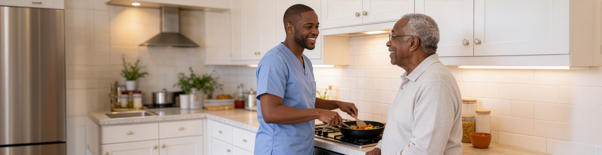 A Clouds of Care caregiver in blue scrubs prepares a meal with an elderly man in a bright kitchen, both sharing a warm conversation
