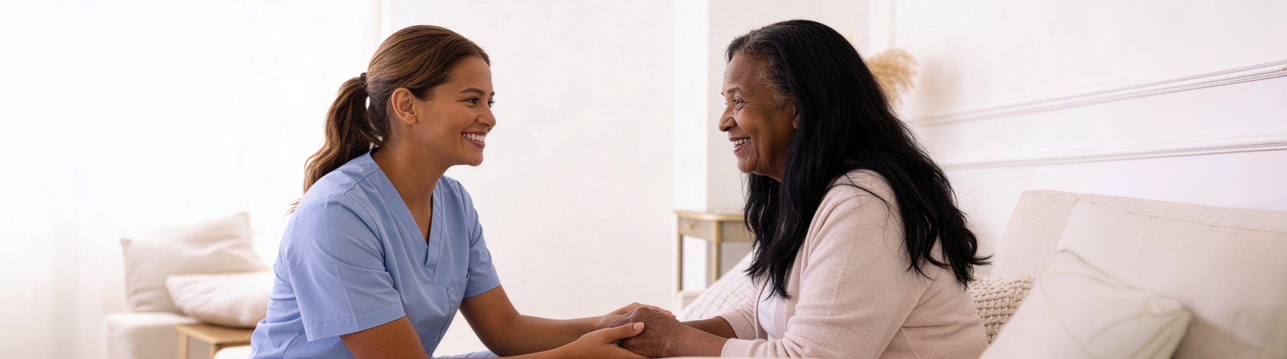 A Clouds of Care caregiver in blue scrubs holds the hands of an elderly woman, sharing a warm and reassuring moment at home