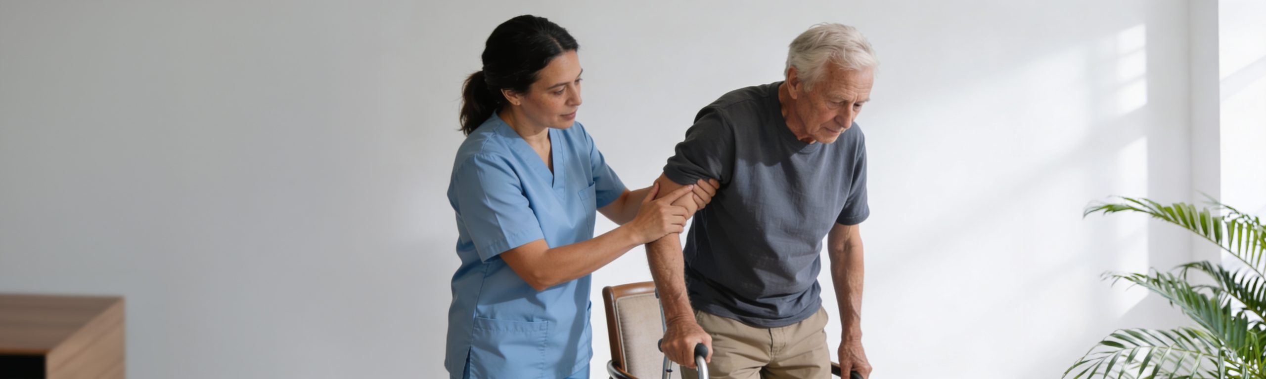 A Clouds of Care caregiver in blue scrubs steadies an elderly man using a walker, providing attentive mobility support at home