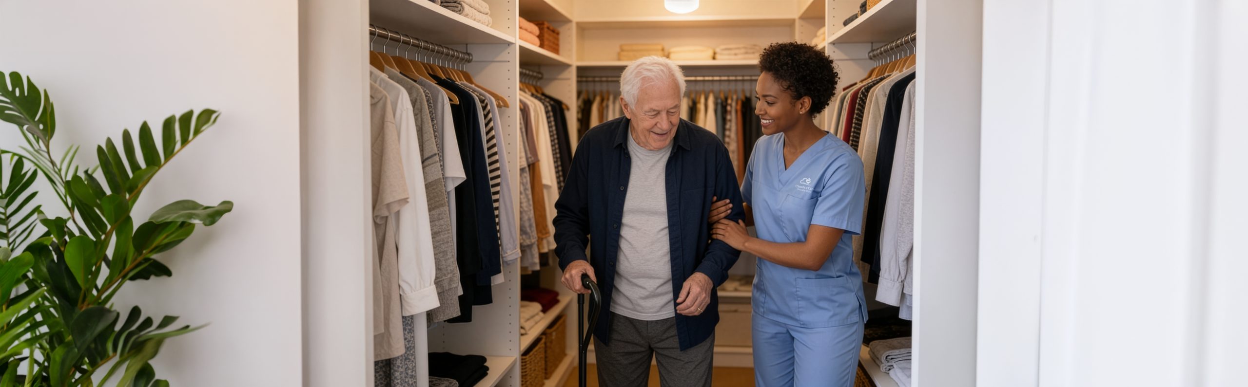 A Clouds of Care caregiver in blue scrubs assists an elderly man with a cane through a walk-in closet, supporting him with dressing and mobility